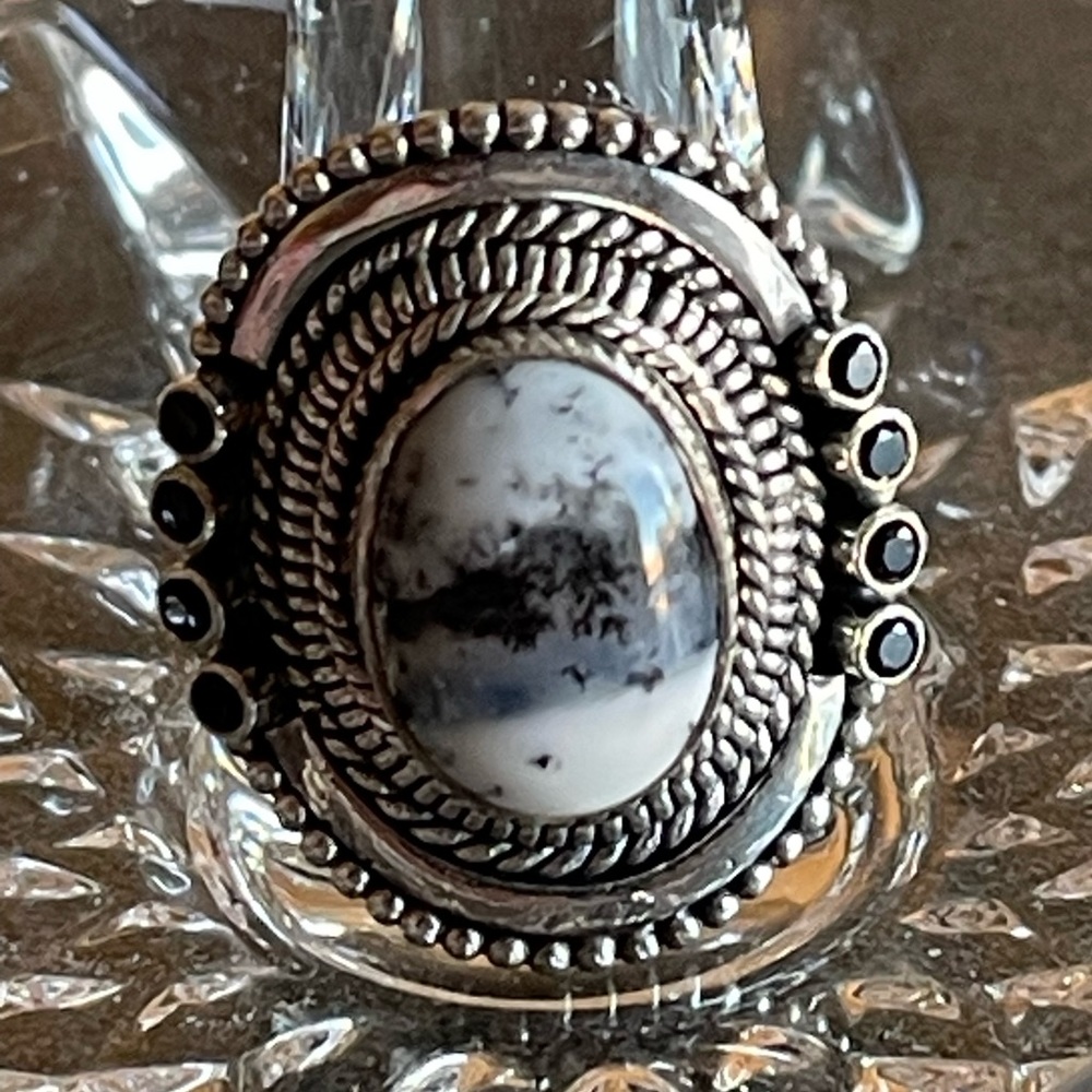 Dendritic Agate & Black Tourmaline w/Triple Rope Sterling Bezel